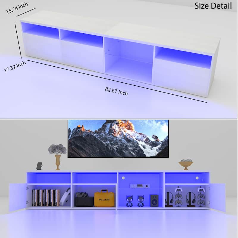 Modern LED TV Stand, for 75/80 Inch TVs with 31 Lighting Conversion Modes and Storage, for Living Rooms, White