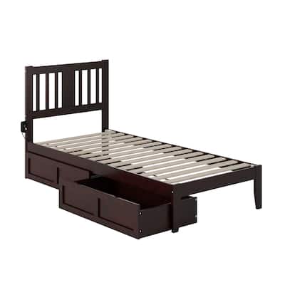 Twin XL Bed with Drawers - Espresso Wood Bed Frame, USB Charging, Slat Kit Included - HomeStock