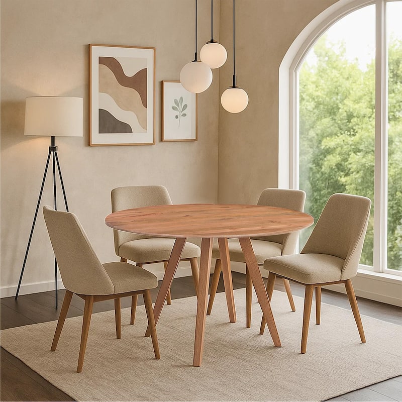 Temi Dining Table 47" Round Top Handmade Natural Brown Mango Wood Angled Four Legged Base - Brown