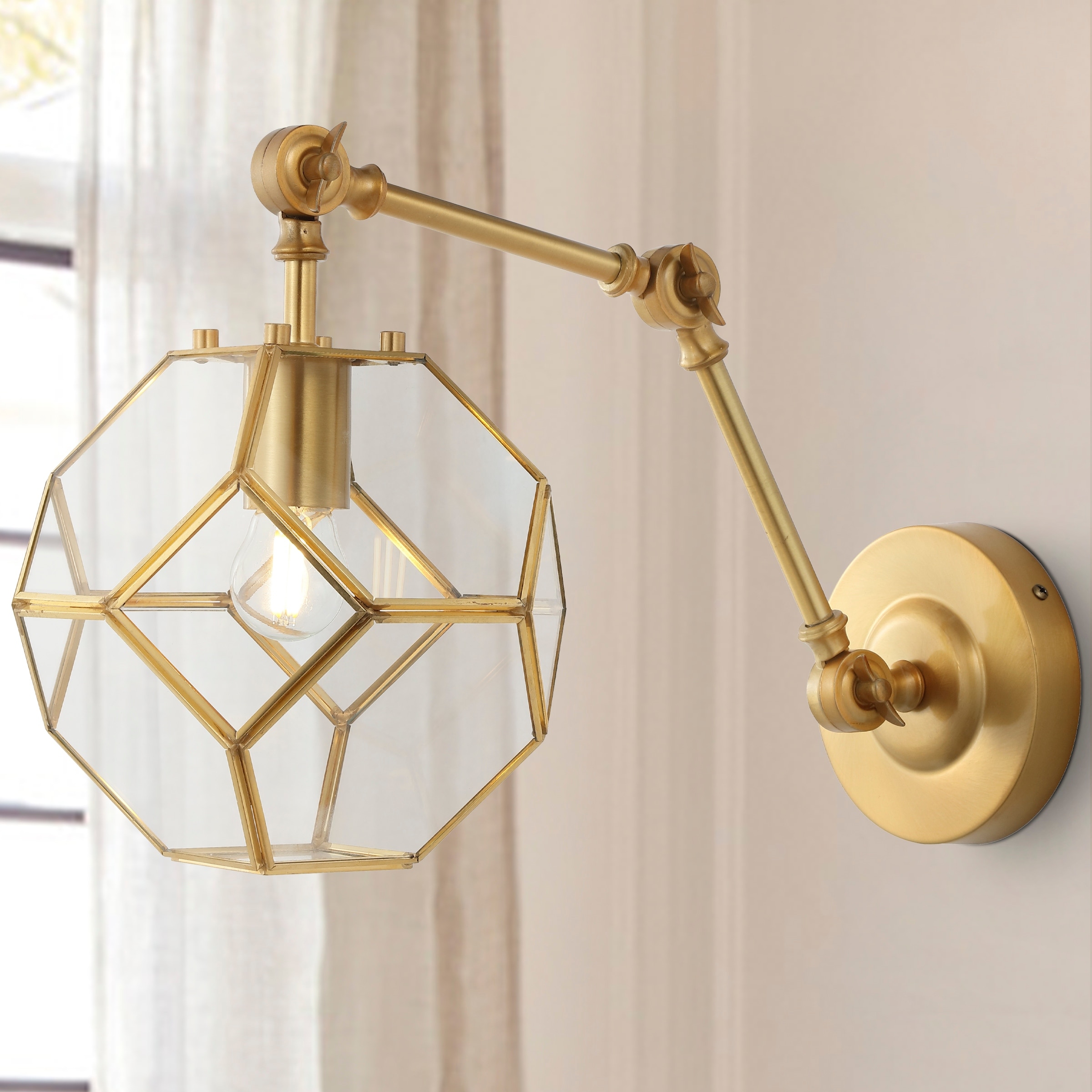 JONATHAN Y Abril 7.5" 1-Light Modern Contemporary Arm-Adjustable Iron/Glass LED Sconce, Brass Gold/Clear