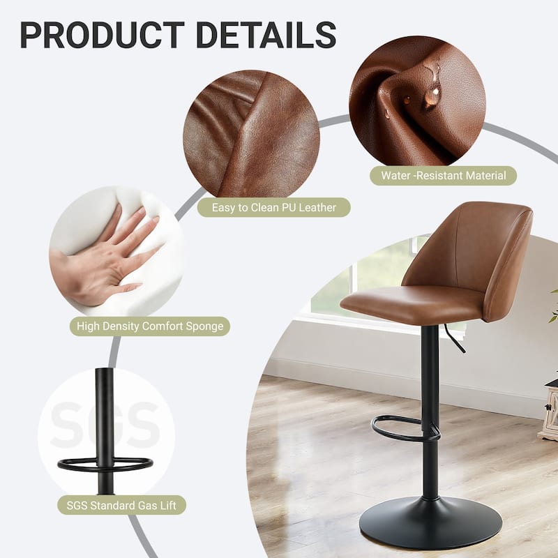 RENEWLINE Adjustable Swivel Bar Stool - PU Leather Counter Height Stool with Square Open Back for Kitchen Island
