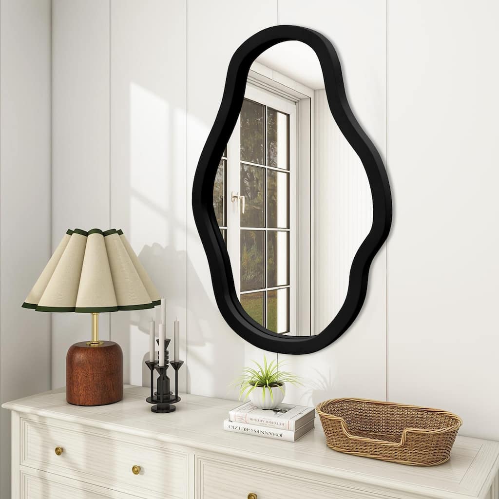 Irregular Wavy Wall Mirror, Boho Vanity Mirror Decorative Wood Framed for Bathroom, Bedroom, Living Room, Cloakroom, Entryway
