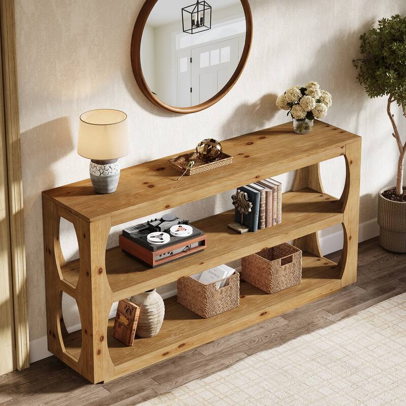 63 Inch Solid Wood Console Table for Entryway, 3 Tier Narrow Long Sofa Table for Living Room, Hallway