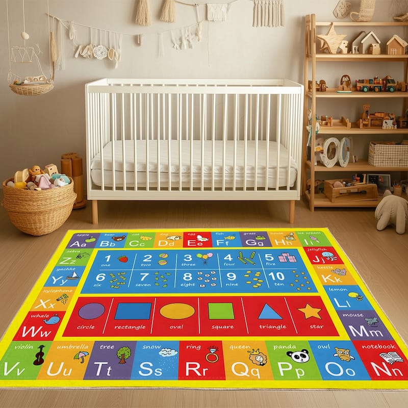 ABC Alphabet, Numbers and Shapes Educational Game Play Area Rug for Children Bedroom, Toddler Classroom and Baby Playroom Mat