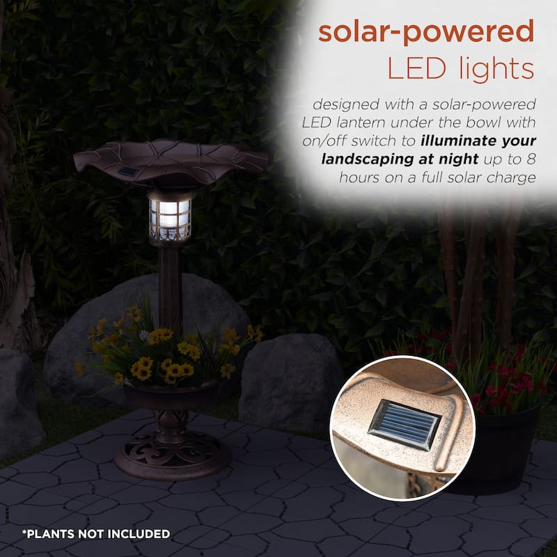 Alpine Corporation 29"H Outdoor Pedestal Birdbath with Planter Base and Solar-Powered LED Lights, Bronze