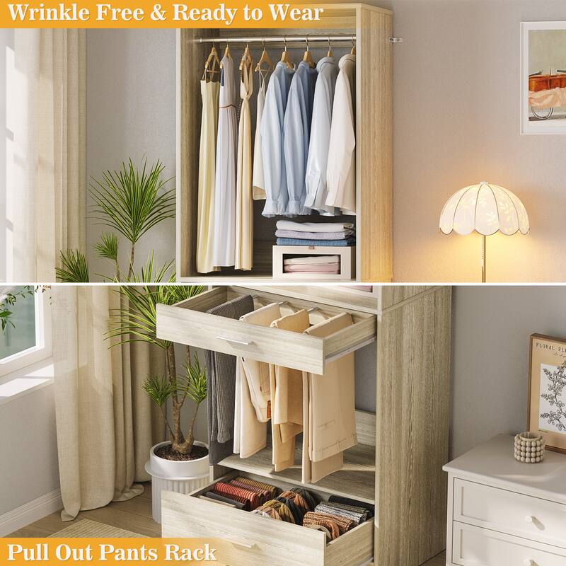 Qvella 23.6'' W Closet System with Hanging Rod & Pants Rack & Drawer, Modular Closet Organizer for Walk-In/Reach-in Closet
