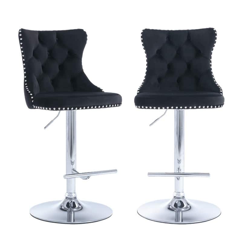 Velvet Upholstered Nailheads Tufted Swivel Bar Stools (Set of 2)