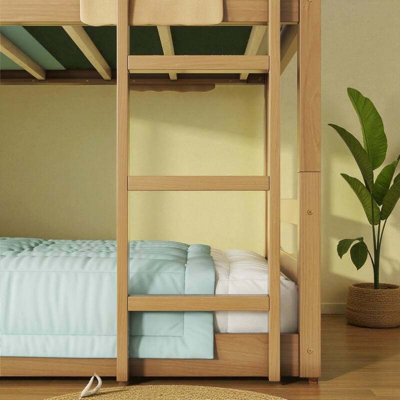 Twin Over Twin Over Twin Rubber Wood Triple Bunk Bed with Guardrails and Two Built-in Ladders, Detachable 3-Tier Bed Frame