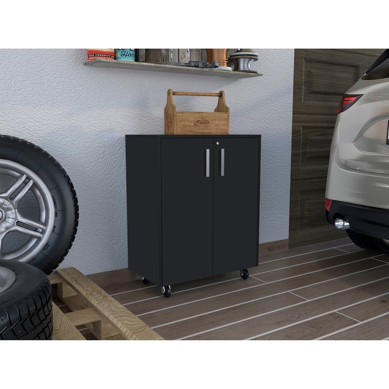 Storage Cabinet, Double Door and Casters - Black