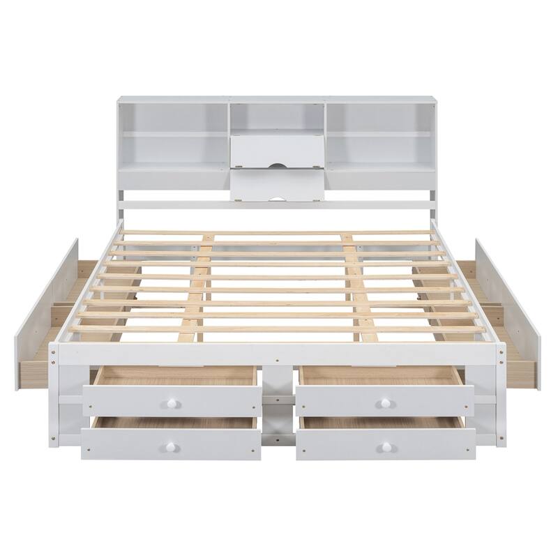 Queen Size Platform Bed with Storage Headboard and 8 Drawers