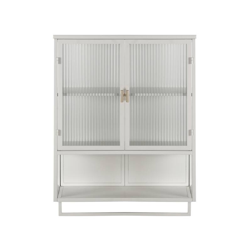 Glass Doors Modern 2-door Wall Cabinet Featuring 2-tier Enclosed Storage, Open Shelf, and Towel Rack