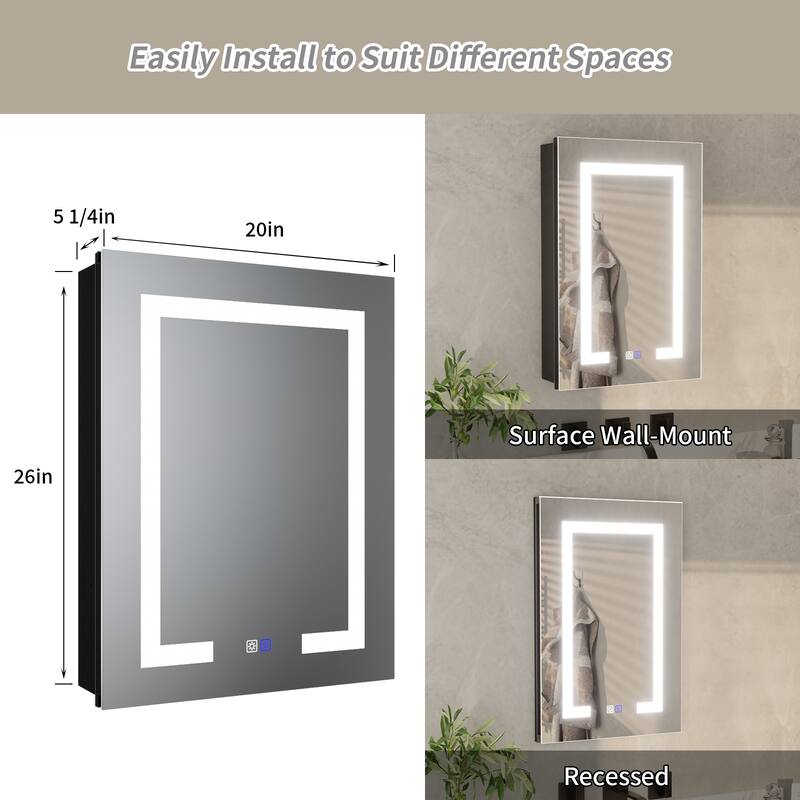 ExBrite 20" x 26" LED Bathroom Medicine Cabinet with Mirrors, Defog