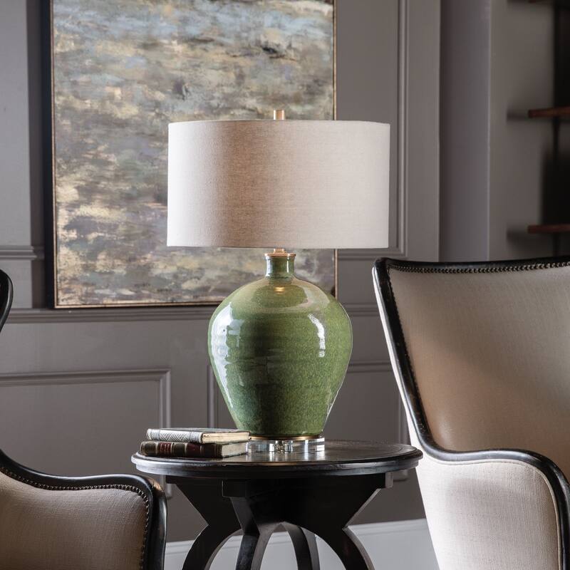 Glossy Base Ceramic Table Lamp with Beige Drum Shade - 27.25" - Green