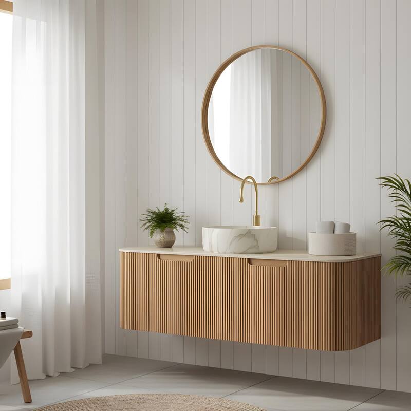 Floating Bathroom with Round Ceramic Basin and Storage Drawer
