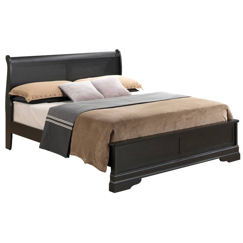Black King Panel Bed - Wood Veneer Sleigh Design - Requires Box Spring - 79"L x 89"W x 44"H
