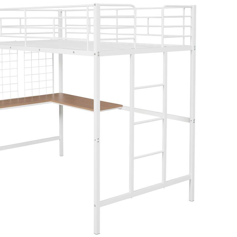 Metal Loft Bed with Desk, Ladder and Metal Grid for Kids, Teens, Girls, Boys