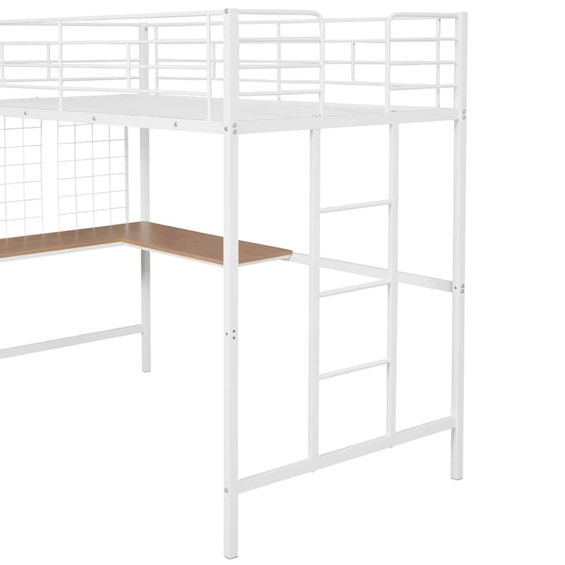 Metal Twin Size Loft Bed, Steel Grid Loft Bed Frame with Desk, Shelves