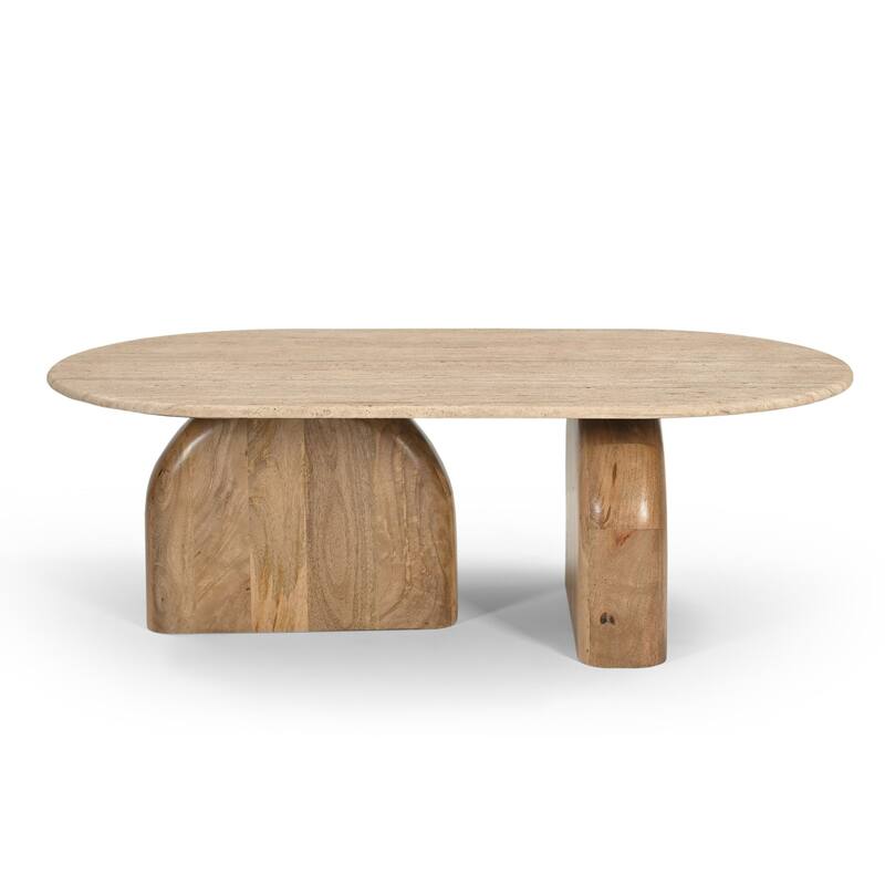 Cid Elis Coffee Table, Beige Travertine Marble and Solid Wood, 47 Inch