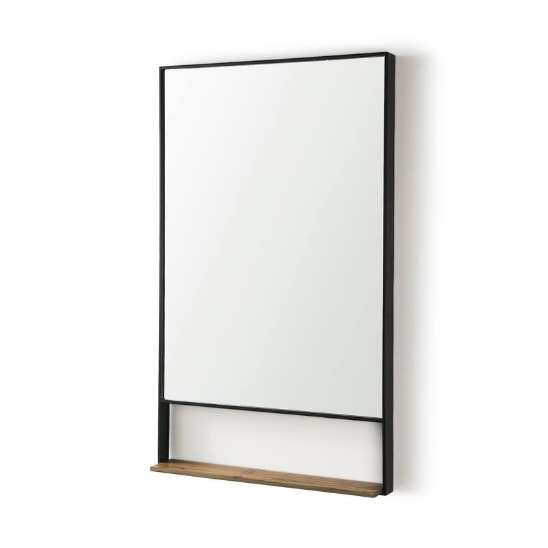 Cora Black Metal Frame With Brown Wood Shelf Arched Wall Mirror (40" x 24") - Square