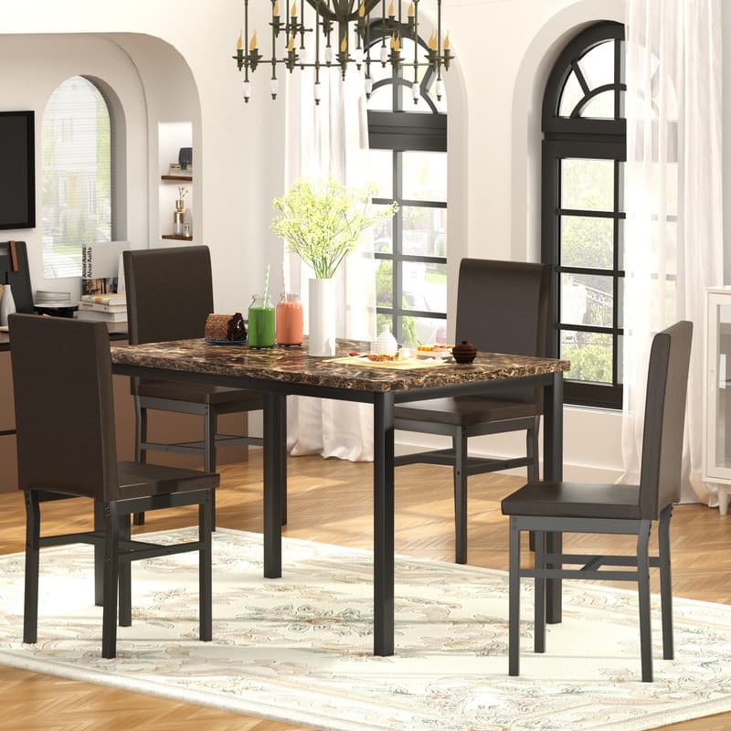 Grondin Modern Contemporary 5 Pieces Dining Table Set with Faux Marble Top and 4 PU Leather Upholstered Chairs