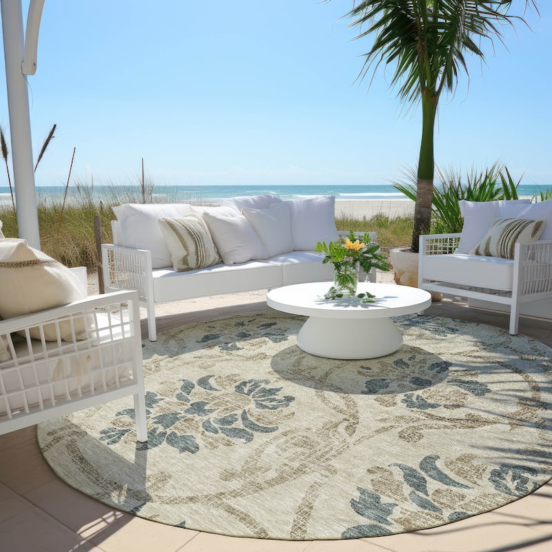 Machine Washable Indoor/ Outdoor Chantille Floral Scroll Rug - Beige - 8' x 8'