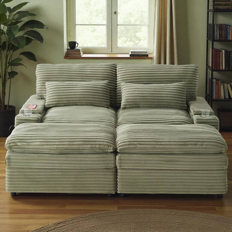 70.9" Convertible Loveseat Sofa Bed with Storage, 2 Ottomans, 4 USB Ports and Cup Holders, Corduroy Sectional for Living Room