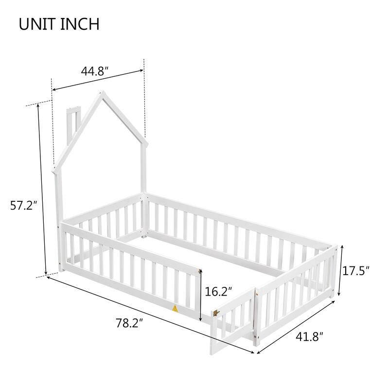Twin House-Shaped Headboard Floor Bed with Fence, Fun & Safe Kids Bed