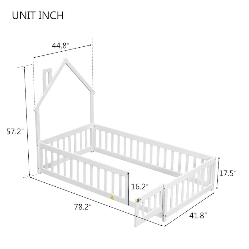 Twin Size Pine Wood House-Shaped Headboard Floor Bed with Fence for Kids, Boys and Girls