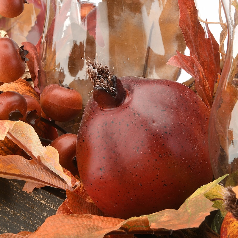 National Tree Company Artificial Autumn Centerpiece with Maple Leaves, Pomegranates, Pine Cones, Holds Three Candles, 24 Inches