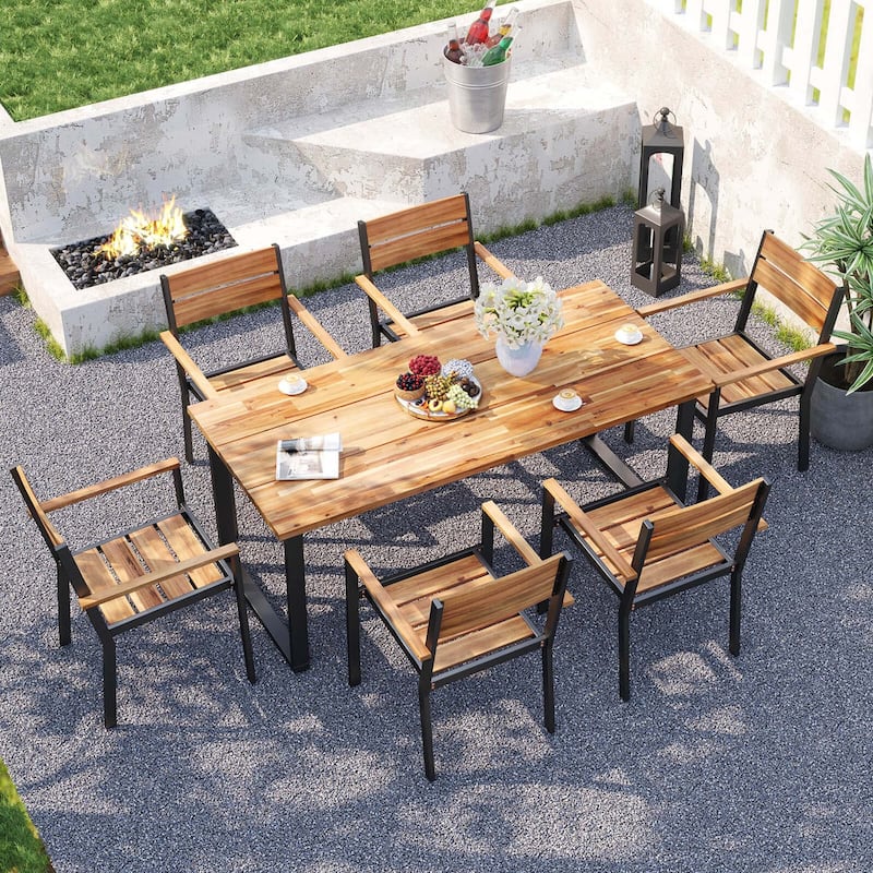 Costway 7 PCS Acacia Wood Patio Dining Set 6 Armchairs and 69" Table - See Details