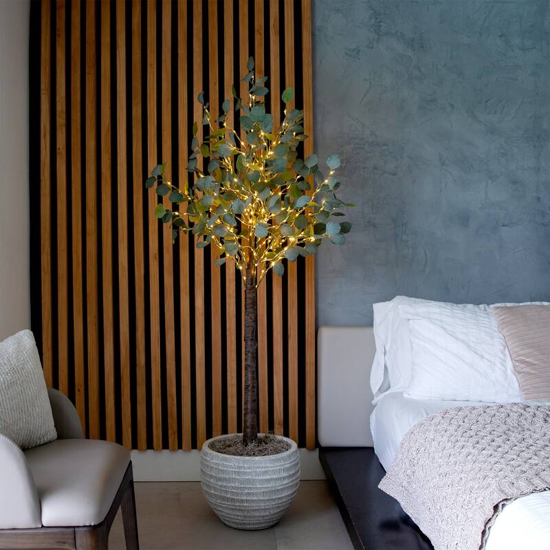 Pre-Lit Eucalyptus Artificial Tree on Metal Base - 5' - Warm White LED Lights