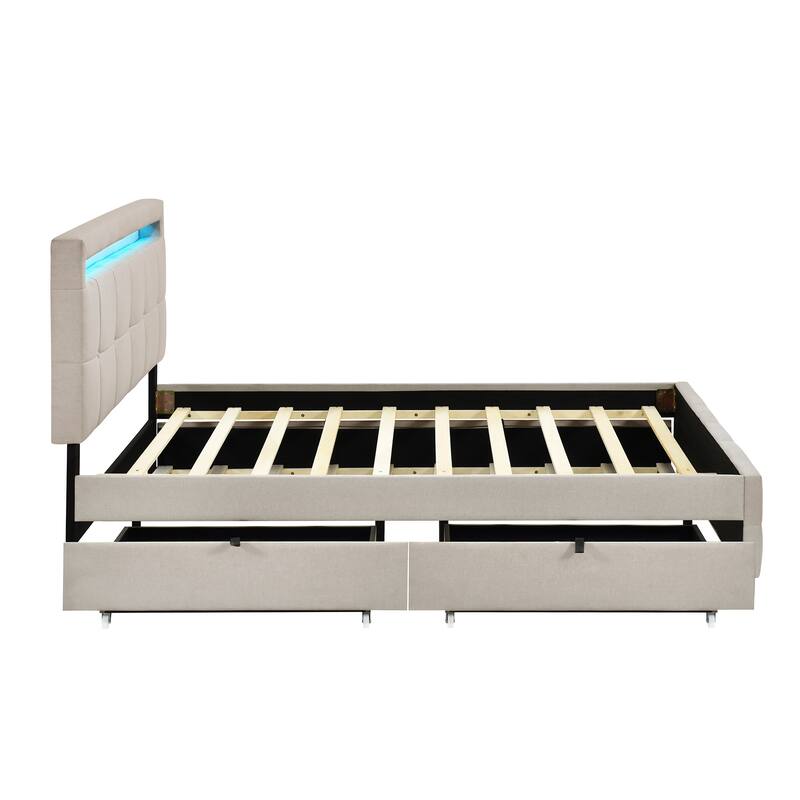 Queen Size Linen Fabric Upholstered Platform Bed with LED Frame, with Twin XL Size Trundle and 2 drawers