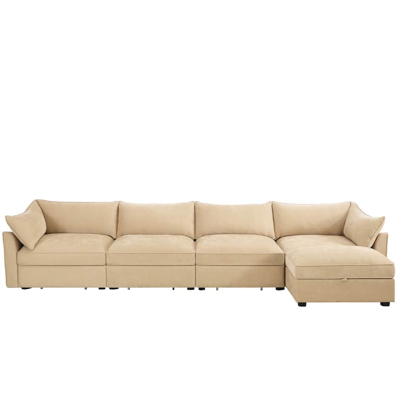 L-Shaped 4-Deep Seater Sectional Sofa Couch with 1 Movable Storage Ottoman & Pull out Drawers Under Each Seat