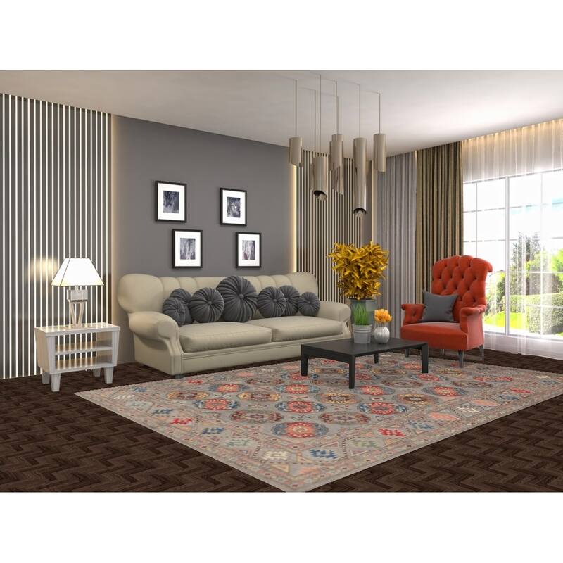 All-Over Gray Kazak Living Room Area Rug Hand-Knotted Wool Carpet - 6'7" x 9'8"