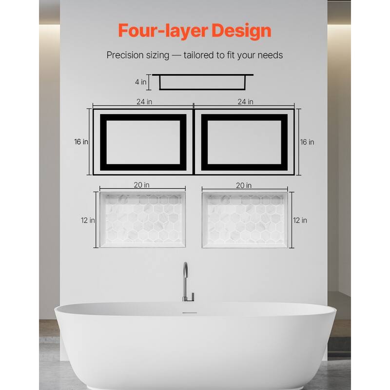 Black Foam Four-Layer Insert Shower Niche with Waterproof Triple Seal Design - 16 x 4 x 24 in-16 x 4 x 24 in
