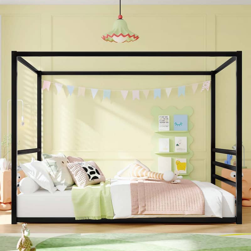 Floor House Bed with Fence-Style Guardrails,Modern Low-Profile Design