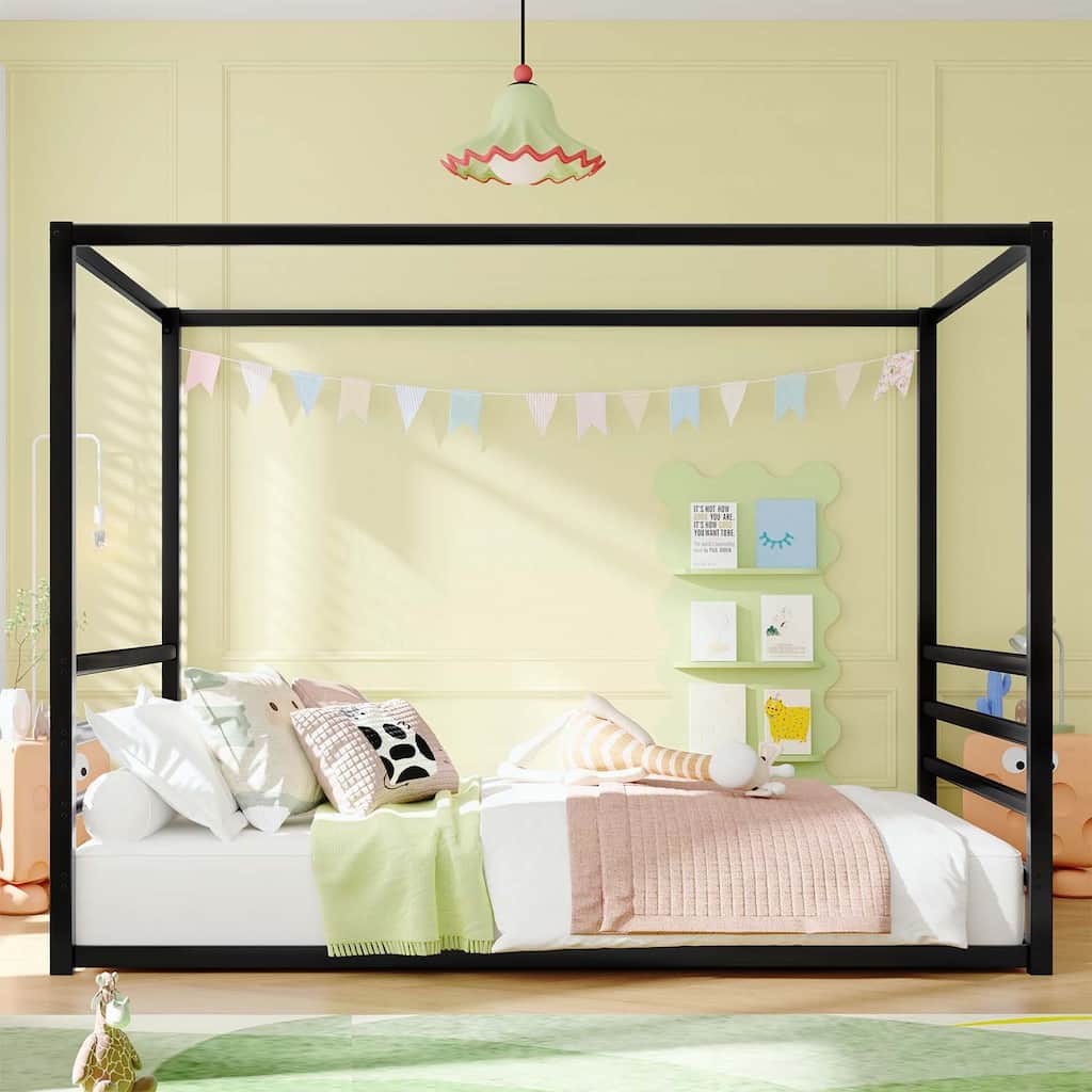 Floor House Bed with Fence-Style Guardrails,Modern Low-Profile Design