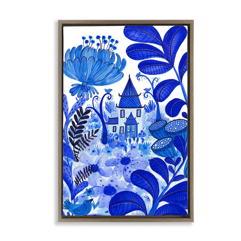 Stupell Whimsical Blue Folk Garden Framed Floater Canvas Wall Art Design By Kay Widdowson - 17 x 25 - Brown