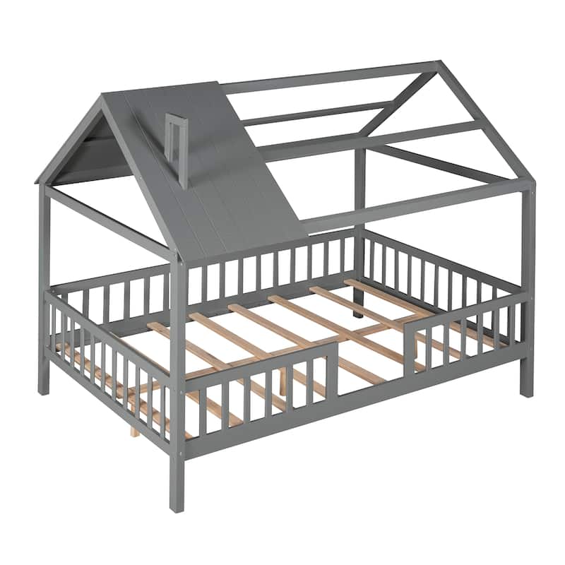 Wood House Bed with Fence