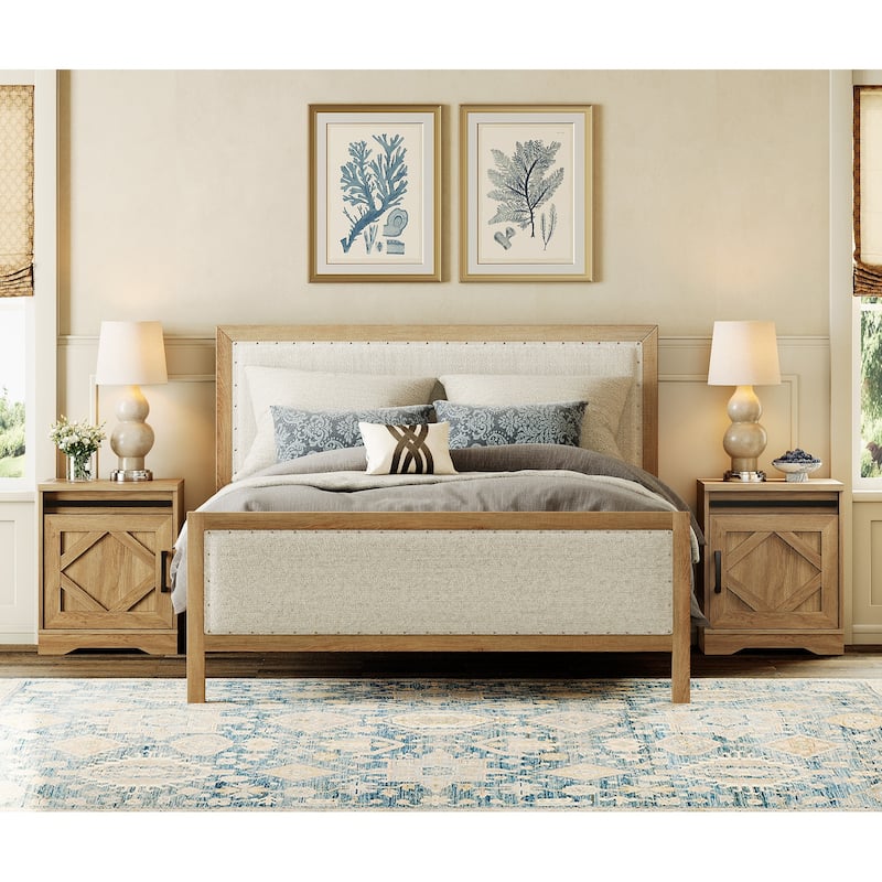WAMPAT Farmhouse Nightstand with Drawer and Cabinet for Bed Room