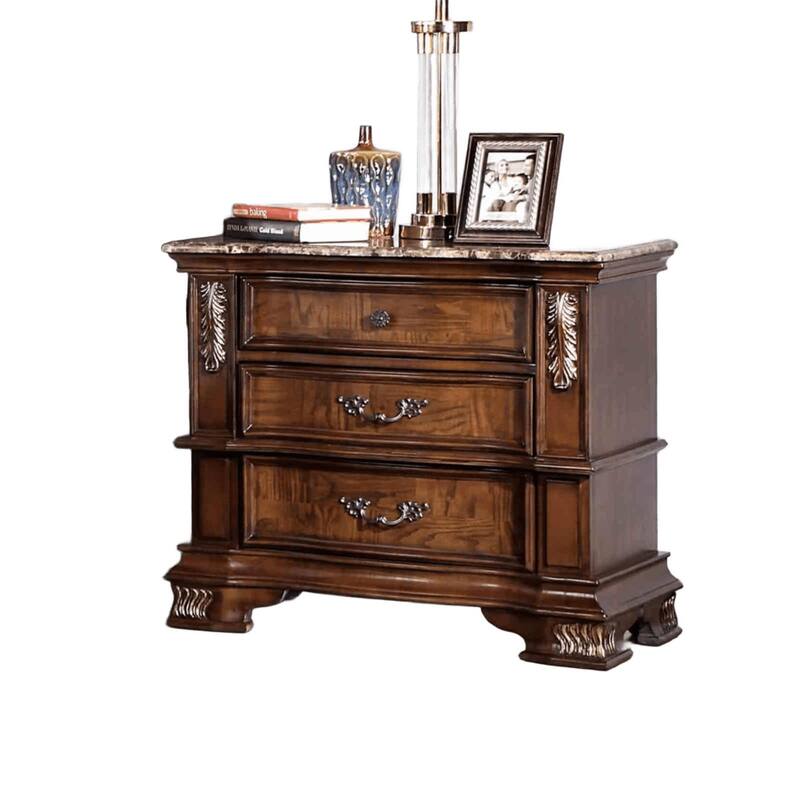 Traditional Nightstand - Brown Cherry Finish with Marble Top