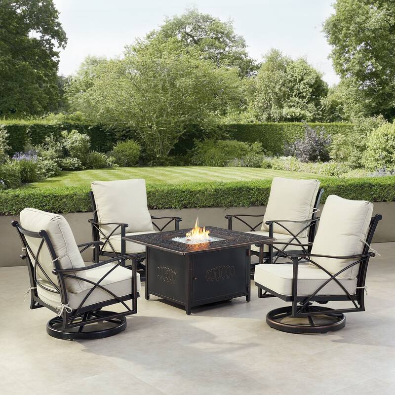 Black Aluminum Fire Table Set with Four Club Chairs - Light Grey