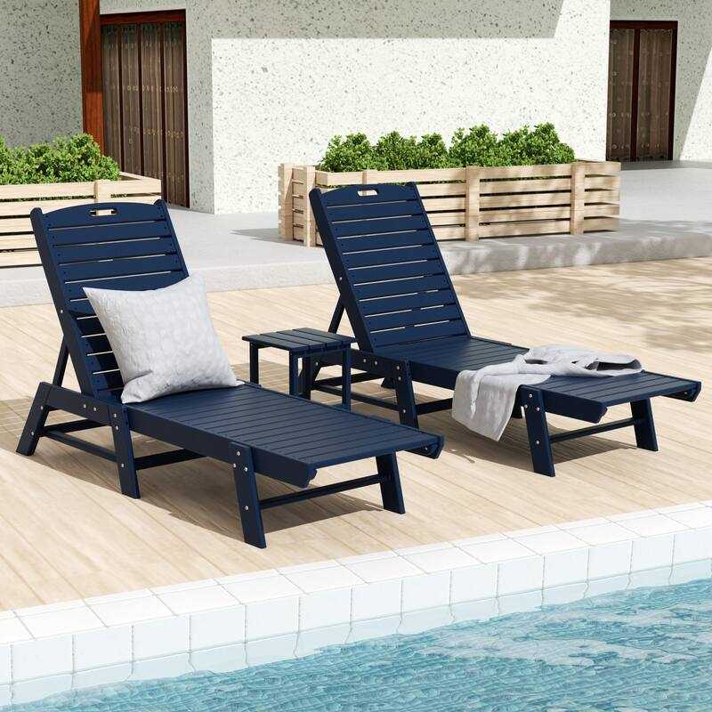 Laguna Hdpe All Weather Outdoor Patio Pool Reclining Armless Chaise Lounges With Square Side Table (3-Piece Set) - Navy Blue