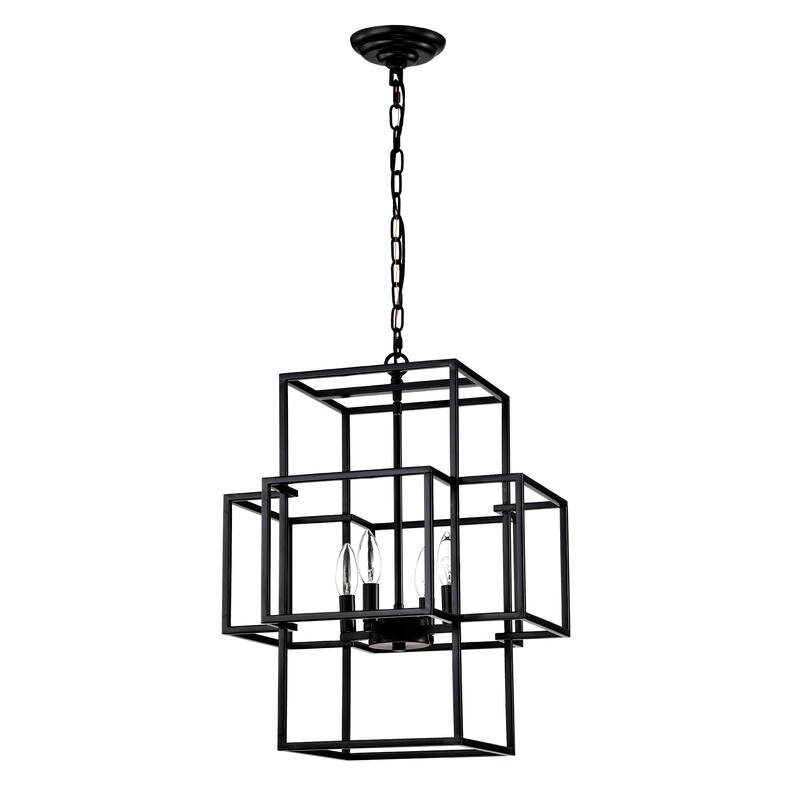 Industrial 4-Light Farmhouse Lantern Chandelier, Adjustable Height, for Dining Room and Kitchen, E12 Bulbs Not Included - Black