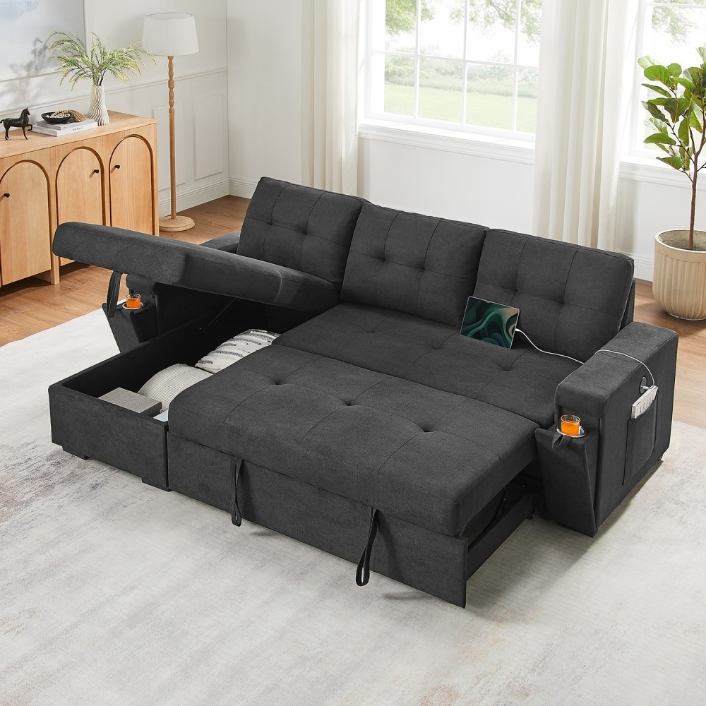 95" Convertible Sectional Sofa with Storage Chaise and Hidden Cup Holders