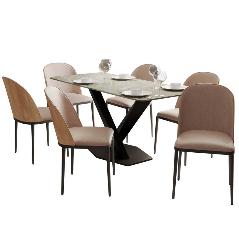 Voren 7-Piece Dining Set 55-Inch Rectangular Sintered Stone Dining Table and 6 Dining Side Chairs - Natural Wood/Brown