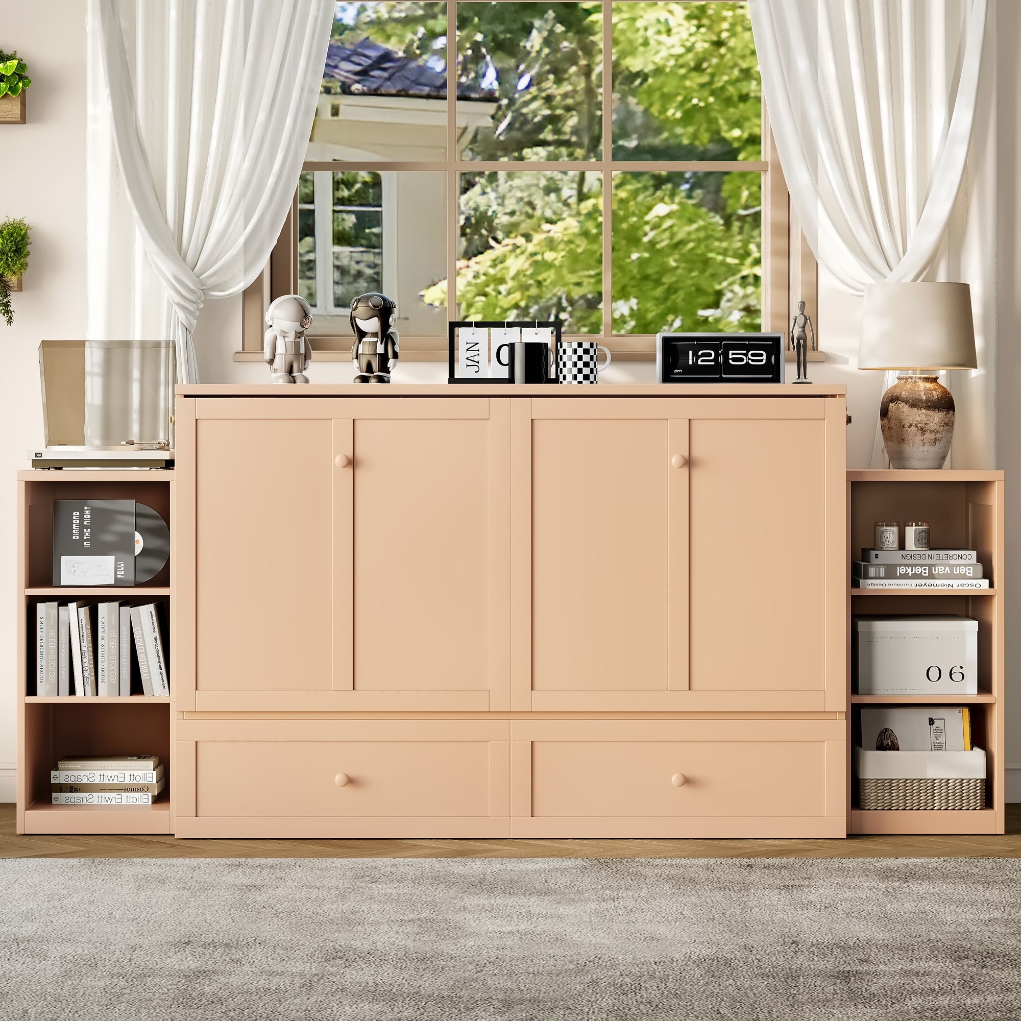 Foldable Wall Cabinet Queen Murphy Bed with Drawers and Open Shelves