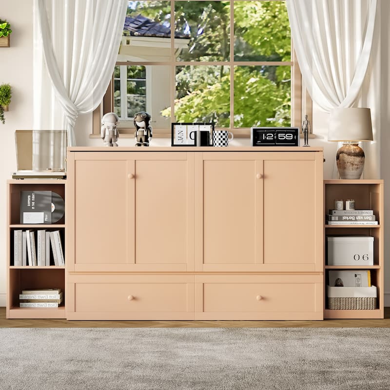 Foldable Wall Cabinet Queen Murphy Bed with Drawers and Open Shelves - Gloden - Queen