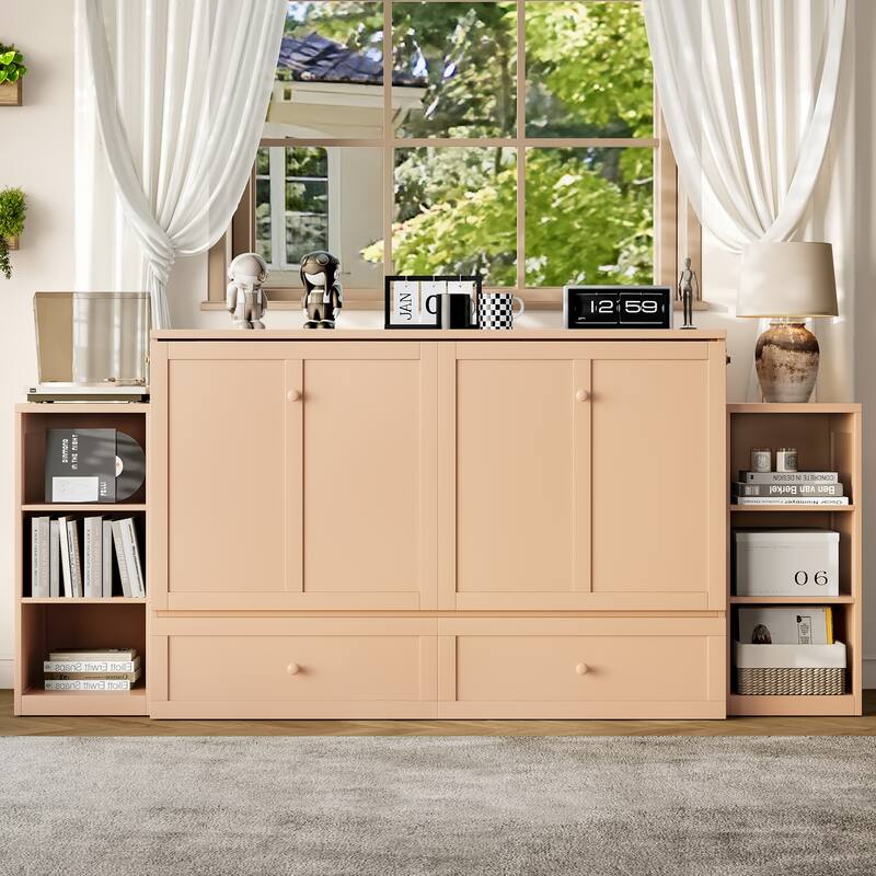 Queen Murphy Bed with Storage Drawers & Shelves for Guest Room