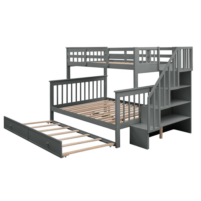 Twin-Over-Full Bunk Bed with Trundle, Storage, and Guard Rail for Bedroom or Dorm